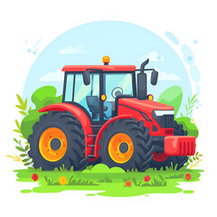 A colorful illustration of a red tractor surrounded by greenery against a blue sky background.