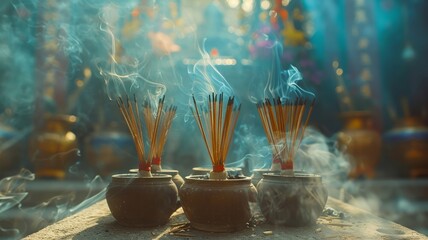 Scented incense sticks emitting tranquil smoke in temple
