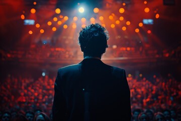 Back view of a person speaking to an audience at a podium in a brightly lit auditorium full of attendees.