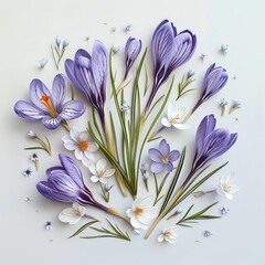 Elegant Crocus Flowers Arrangement on White Background. Generative ai