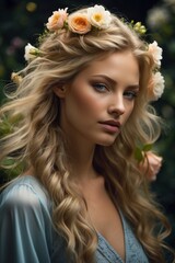 Naklejka premium A woman with long blonde hair and a flower crown on her head