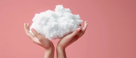 A 3D render of mannequin hands holding a white fluffy cloud on a pink background - obrazy, fototapety, plakaty