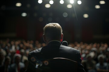 Back view of a businessman speaking at a podium with a microphone in front of a blurred audience in a conference hall.