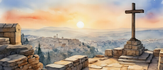 View Crosses on Golgotha from the Holy Sepulchre at sunrise. Digital watercolor painting illustration style. - obrazy, fototapety, plakaty