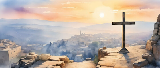 View Crosses on Golgotha from the Holy Sepulchre at sunrise. Digital watercolor painting illustration style.