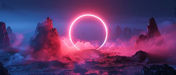 Foto auf Acrylglas Antireflex Kürzen An abstract neon background with a cosmic landscape, a landscape at night, fog-covered rocks, a round blank frame, and white space. Red, blue light, virtual reality, energy source, and laser ring.
