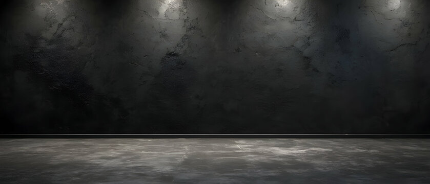 Old grunge background with black wall texture with rough dark concrete floor