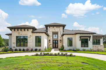 A photo of the front view of a beautiful modern home in central Texas, featuring traditional cream-colored stucco with dark stone accents and large windows on one side. - Powered by Adobe