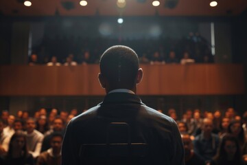 Rear view of a male speaker presenting to an attentive audience in a conference hall, conveying leadership and expertise.