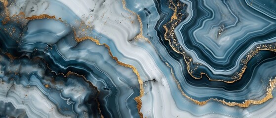 This illustration shows an abstract background with blue agate with golden veins, white and black marble, fake painted artificial stone texture, marbled surface, and digital marbling. - obrazy, fototapety, plakaty