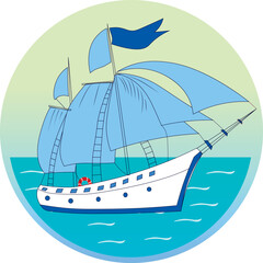 Snow-white sailing yacht goes on the sea, vector illustration in nautical style. Sea background - frame with sunset sky and waves in the foreground. Suitable as a logo, emblem, flyer, poster.