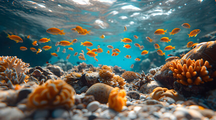Underwater view of orange fish and coral reef with pebbles. Marine life photography. Ocean ecosystem and aquatic animal life concept for design and print. Underwater landscape with natural light - obrazy, fototapety, plakaty