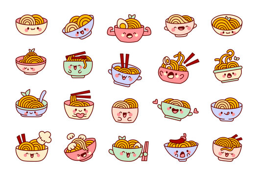 Cute kawaii bowl of noodles. Ramen food cartoon character. Hand drawn style. Vector drawing. Collection of design elements.