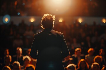 Back view of a male public speaker speaking at a podium with a backlit audience at a professional conference event.