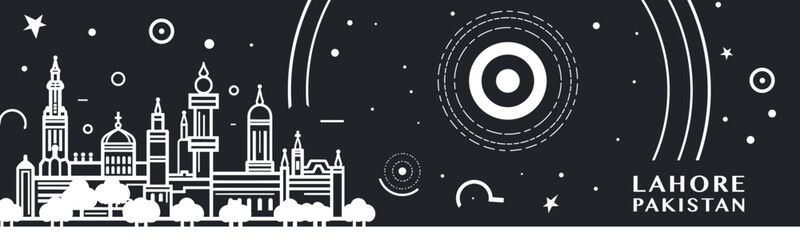 Lahore city vintage banner with abstract black and white cityscape and skyline. Retro vector horizontal illustration for Pakistan, Punjab
