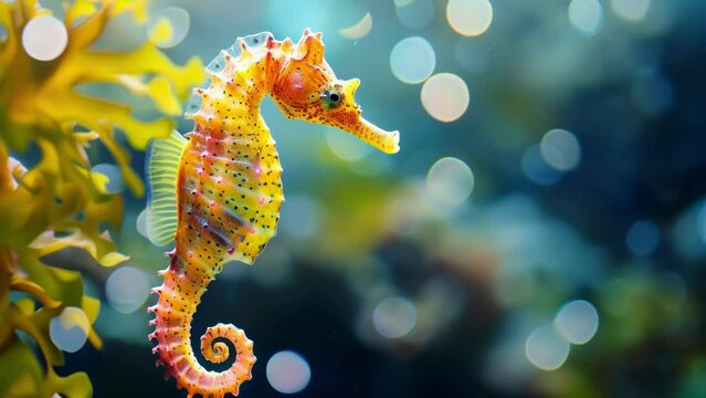 A colorful seahorse camouflaged in the background its outline ly visible.