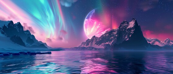 An abstract panoramic background with cliffs and pink blue sky with northern lights. A dreamlike fantasy scenery with Aurora Borealis. - obrazy, fototapety, plakaty
