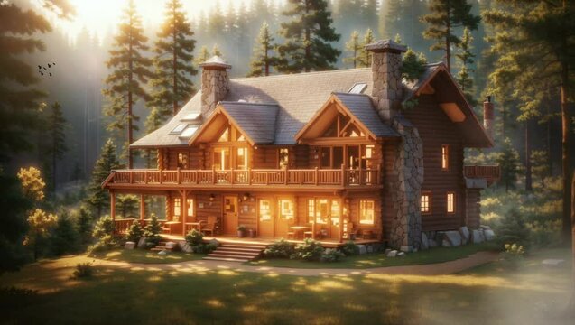 beautiful log cabin in the middle of a pine forest and sunshine between the trees. Seamless looping 4k video animation