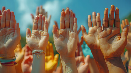 Multiple hands raised in unity, displaying various skin tones against a bright sky. Diversity and unity concept with a focus on racial equality and inclusiveness - obrazy, fototapety, plakaty