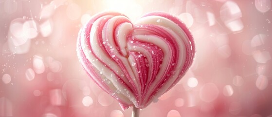 Lollipop shaped like a heart, made from pink and vanilla candy - obrazy, fototapety, plakaty