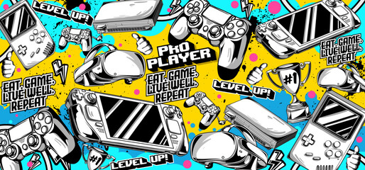 Gaming background vector and illustrations. Retro video game elements in graffiti style © Themeaseven