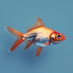 A vibrant goldfish isolated on a blue background, with detailed scales and fins.