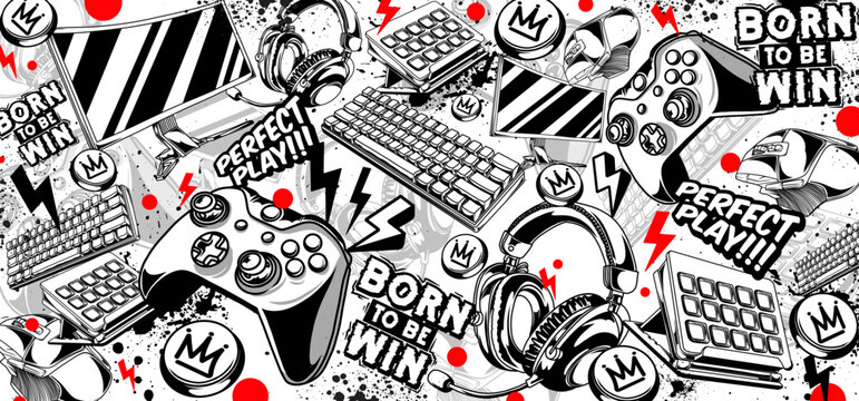 Gaming background vector and illustrations. Retro video game elements in graffiti style