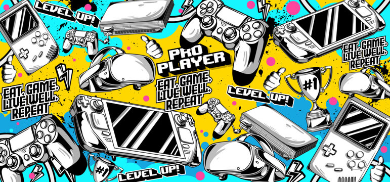 Gaming background vector and illustrations. Retro video game elements in graffiti style