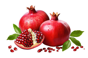 Glistening Pomegranates: A Vibrant Composition of Lush Leaves on a Clean Canvas. White or PNG Transparent Background.