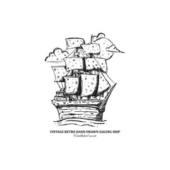 Vintage retro hand drawn sketch art sailing ship in the ocean vector art illustration