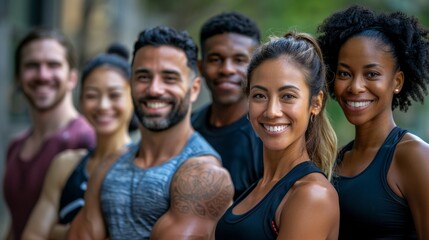 Obraz premium Fitness, gym and selfie of group of friends excited for workout, exercise goals and training together. Sports club, diversity and portrait of happy people smile for motivation, yoga and pilates class