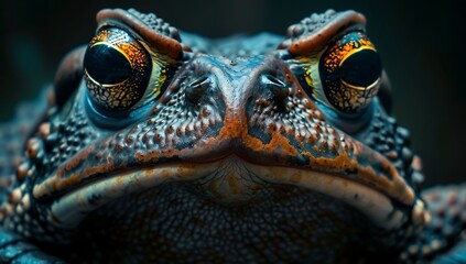 A macro shot of the face and eyes of an African bull toad, - obrazy, fototapety, plakaty