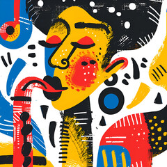 Abstract colorful artwork featuring a stylized human figure and musical elements.