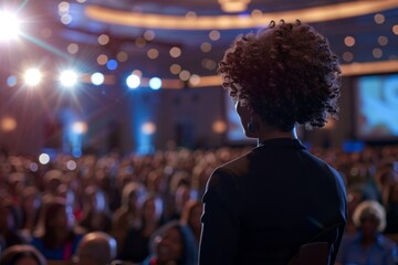 Rear view of an inspirational female speaker at a conference event, addressing a large audience in an auditorium.