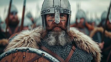 Medieval Viking Warrior with Armor and Helmet Leading a Battle Charge - obrazy, fototapety, plakaty