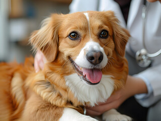 Cheerful dog being cuddled by a vet, representing compassionate pet care and veterinary services