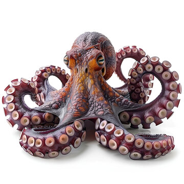 A realistic depiction of an octopus with detailed texture on a white background.