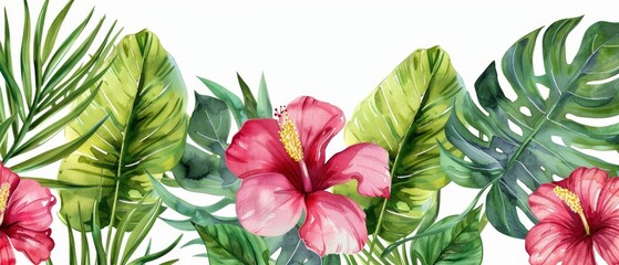 A tropical floral and leaf wallpaper with foliage and colorful jungle nature. A watercolor botanical illustration isolated on a white background.