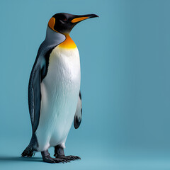 Obraz premium A detailed illustration of a king penguin standing against a solid blue background.