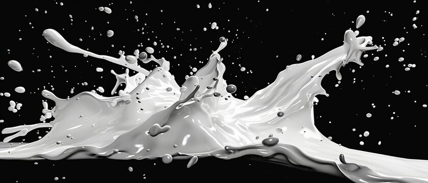 Isolated on a black background are abstract 3D liquid milk splash, white paint splash, and design elements