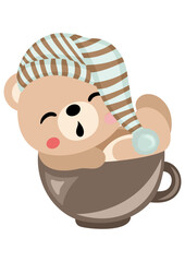 Cute teddy bear sleeping in cup