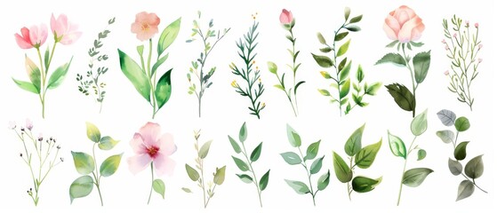Floral decoration set, watercolor delicate flowers and fresh green leaves, isolated on white - obrazy, fototapety, plakaty