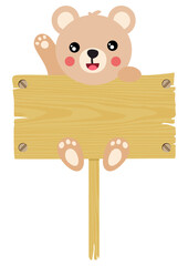 Cute teddy bear hanging on an empty wooden board