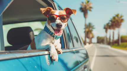 Small Dog Wearing Sunglasses in Car Window
