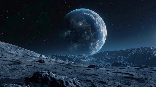 A detailed view of a lunar landscape with a large Earth rising over the horizon against a starry sky.