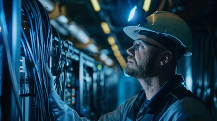 Technician in hard hat and safety glasses examining cables in a server room with blue lighting.
