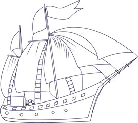 Vector outline drawing of a sailing two-masted yacht with a flag,sails fluttering.The illustration is hand-drawn,line art on the marine theme,winder transport. Can be used as logo,pattern elem