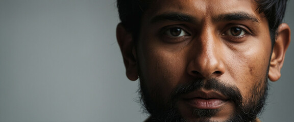 close-up portrait of a man with dark hair and a beard, against a gray background