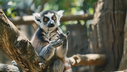 A lemur perched in a tree within its natural habitat at an animal park, engaging in playful activity with its hands.







