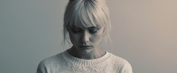 A woman with a soft gradient face looks down with regret